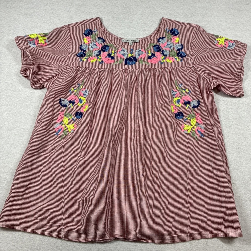 See And Be Seen Lot of 2 Embroidered Floral Blouses Peasant Boho Size Large - Picture 2 of 14